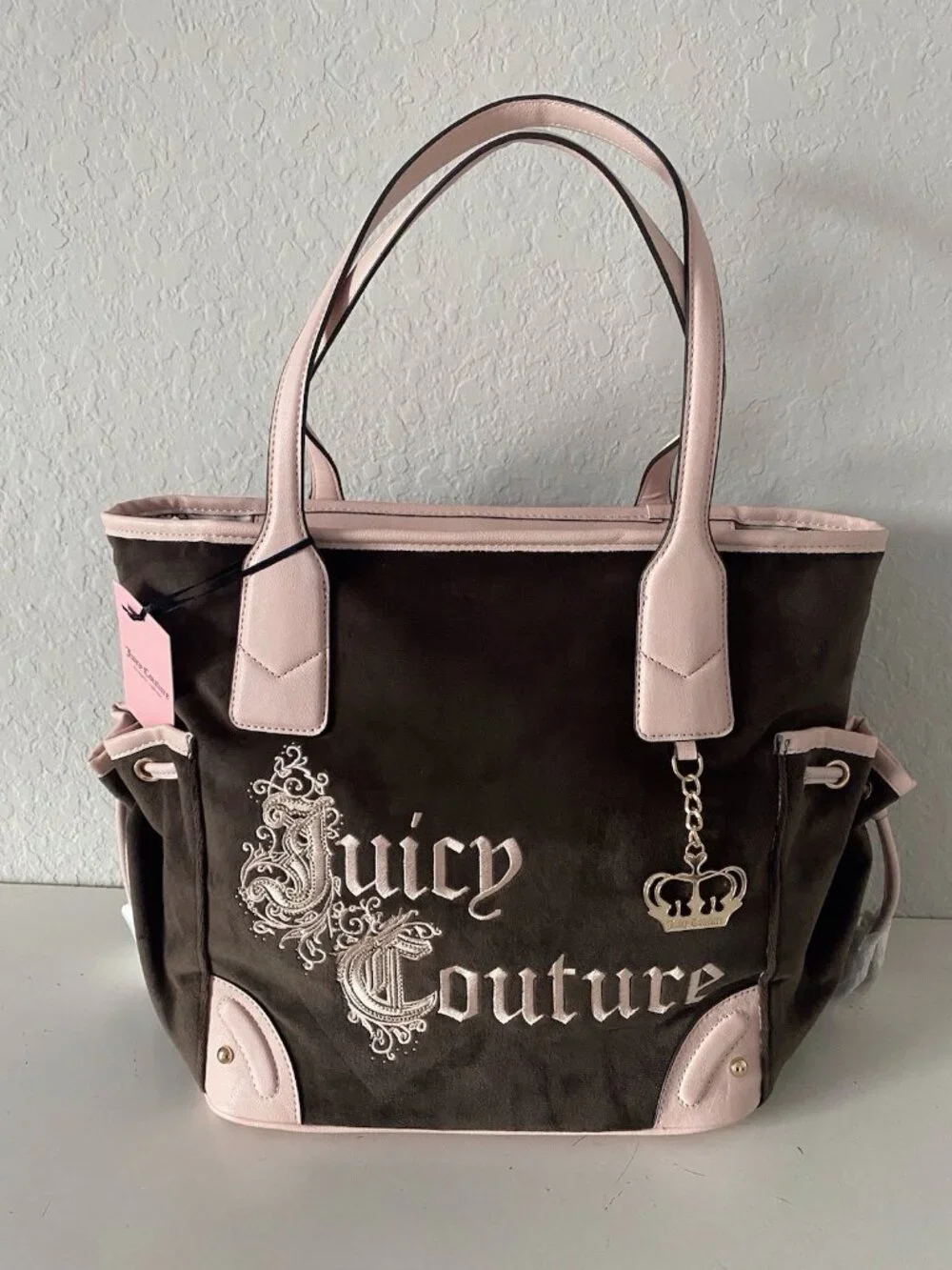 Juicy Couture Renaissance Tote In Chocolate Velvet Embroidered W/Crown Charm NEW